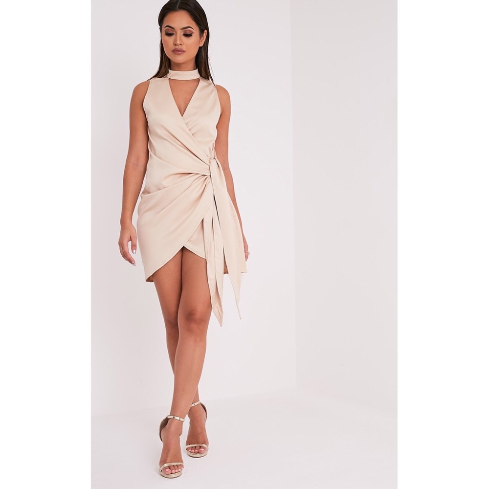 Champagne Choker Satin Tie Waist Dress